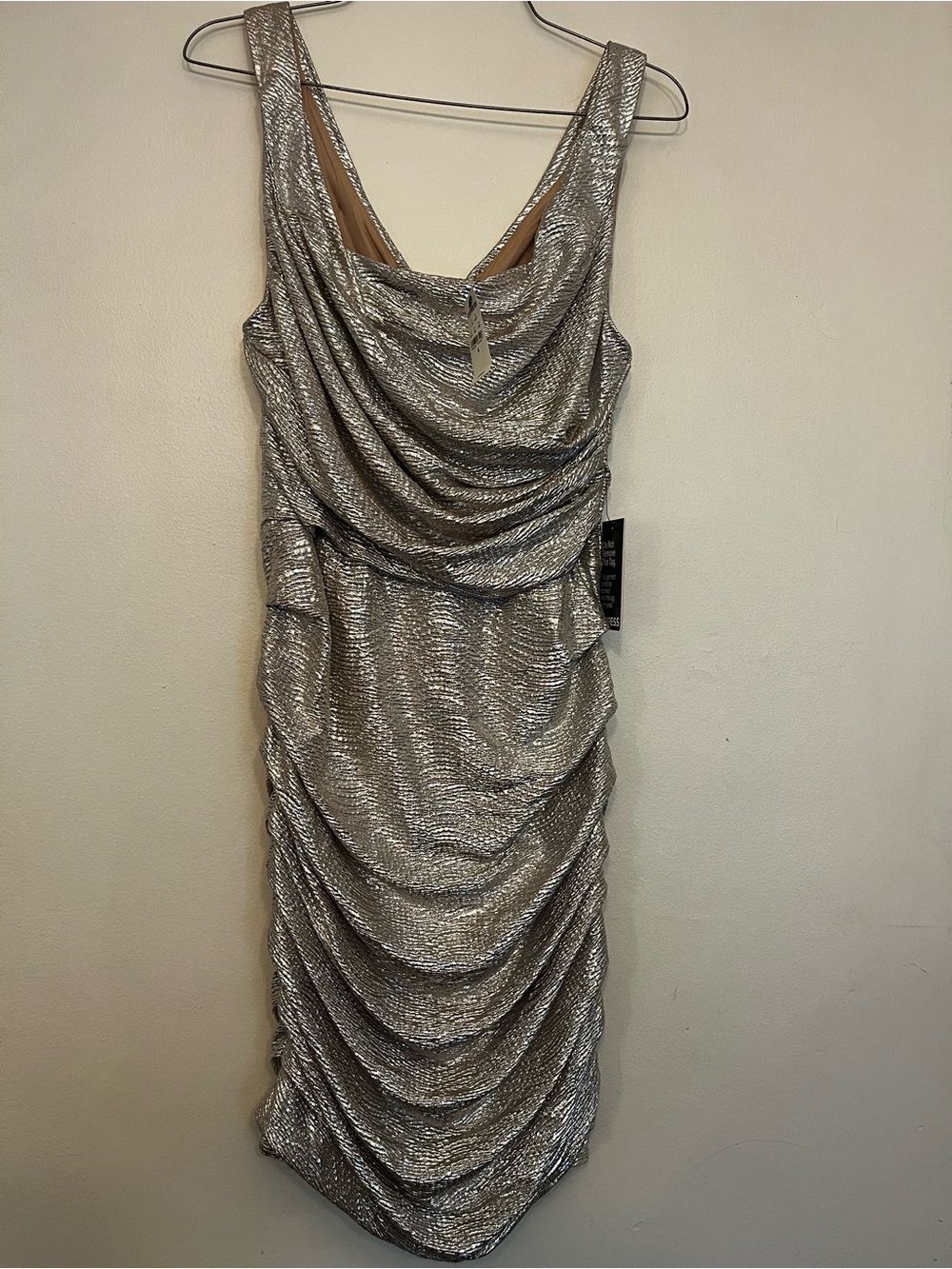 Express Womens 8 Metallic Gold Draped Ruched Midi Cocktail Party Dress NWT
